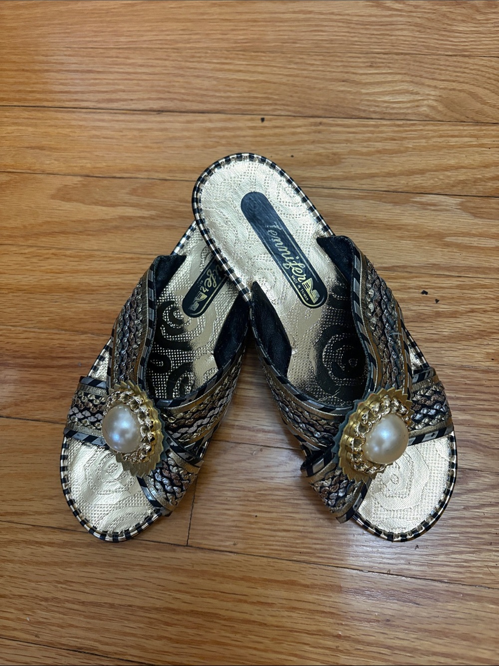 Black and Gold Pearl-Embellished Slip-On Mules